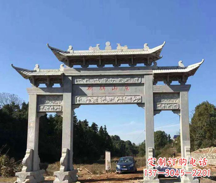浙江大理石三门牌坊石雕 (2)