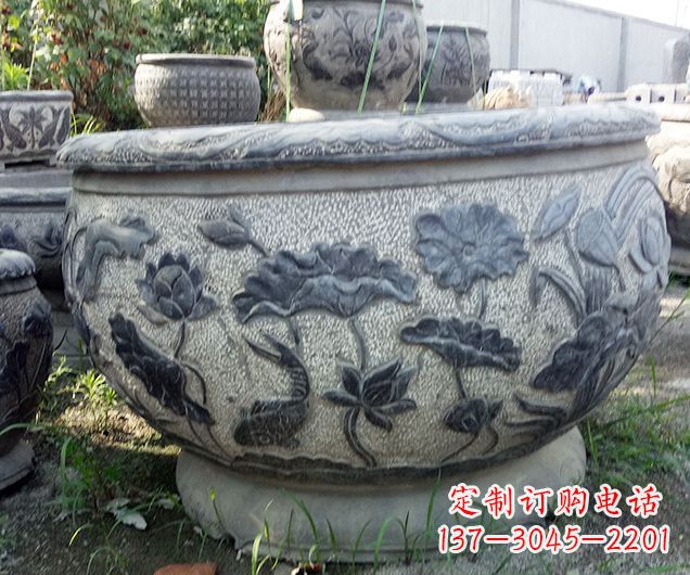 浙江仿古荷花石浮雕水缸 (2)