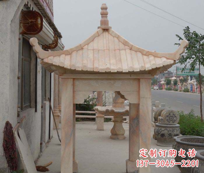 浙江公园晚霞红六角石雕凉亭 (4)