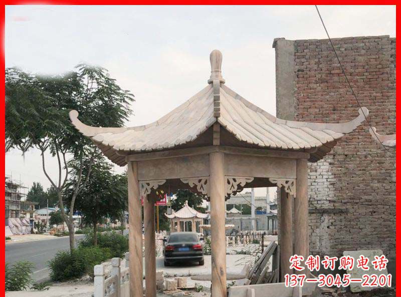 浙江公园晚霞红六角石雕凉亭 (5)