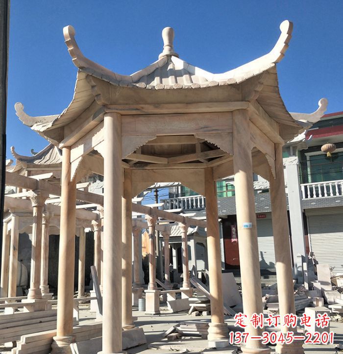 浙江公园晚霞红六角石雕凉亭 (7)
