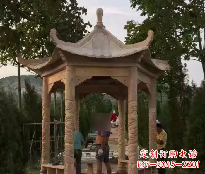 浙江公园晚霞红六角石雕凉亭 (9)