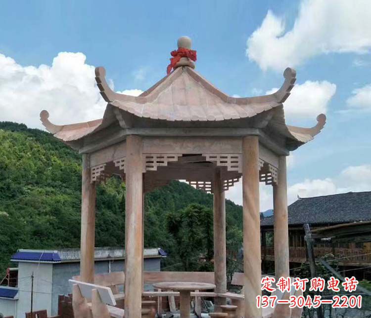 浙江公园晚霞红六角石雕凉亭 (10)