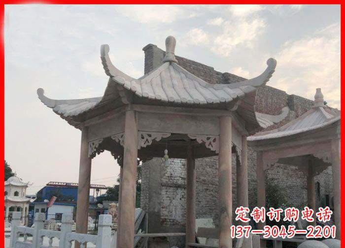 浙江公园晚霞红六角石雕凉亭