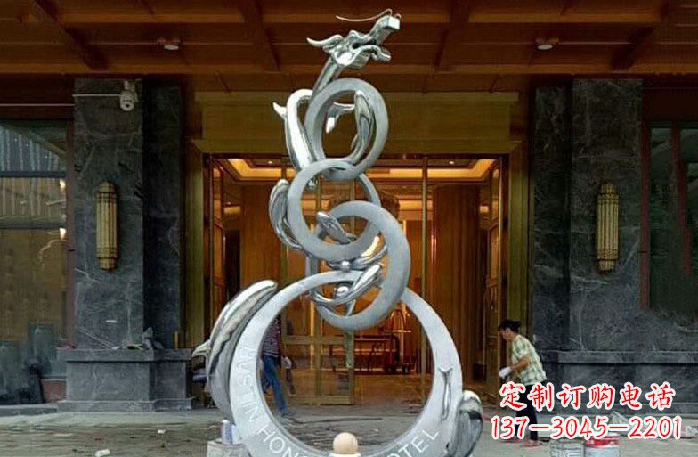 浙江酒店不锈钢抽象鱼跃龙门雕塑