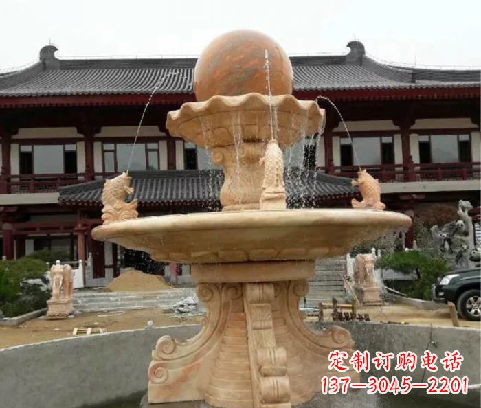 浙江双层风水球喷泉晚霞红石雕