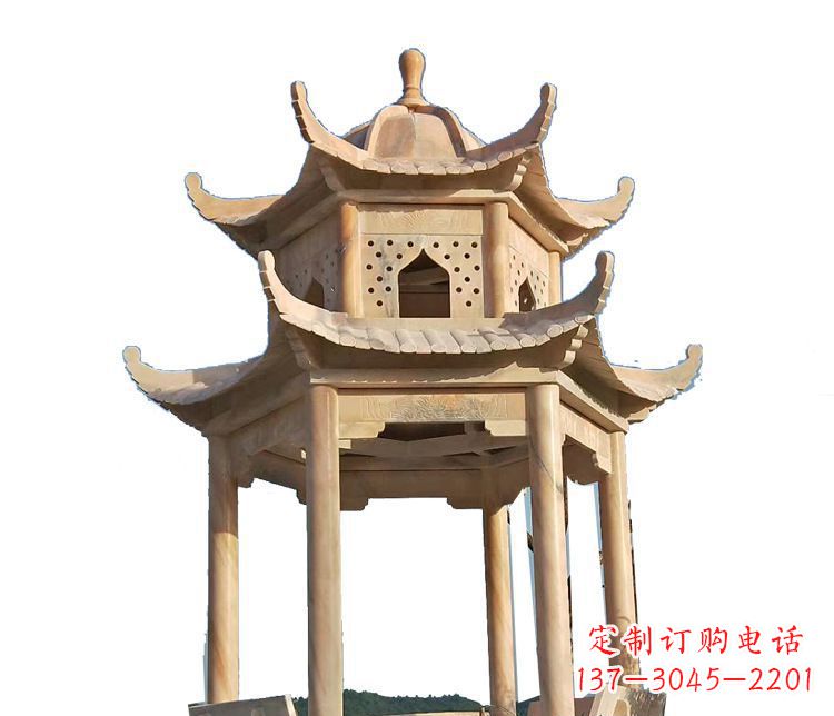 浙江双层晚霞红凉亭石雕 (2)