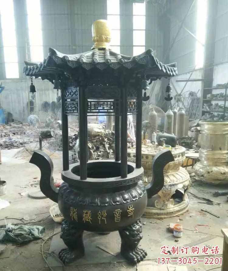 浙江寺庙圆香炉铜雕 (2)