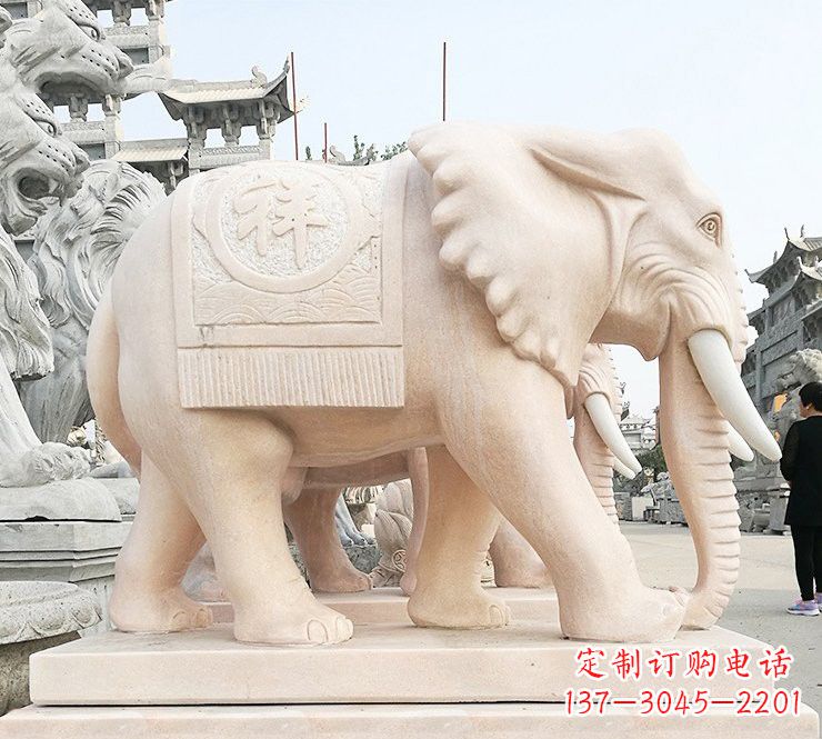 浙江晚霞红吉祥如意大象石雕