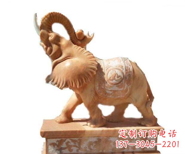 浙江晚霞红吉祥如意象鼻朝天的大象石雕
