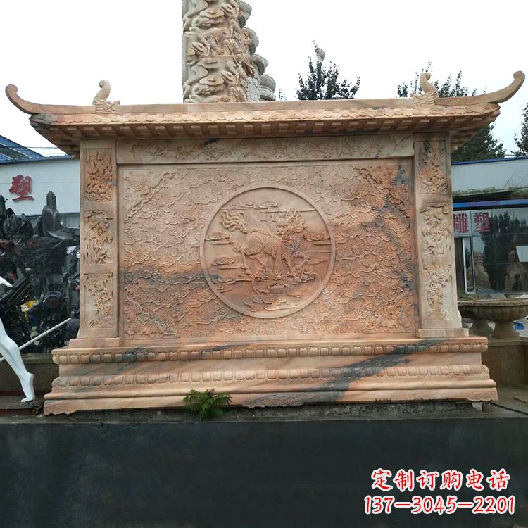 浙江晚霞红麒麟影壁墙石雕