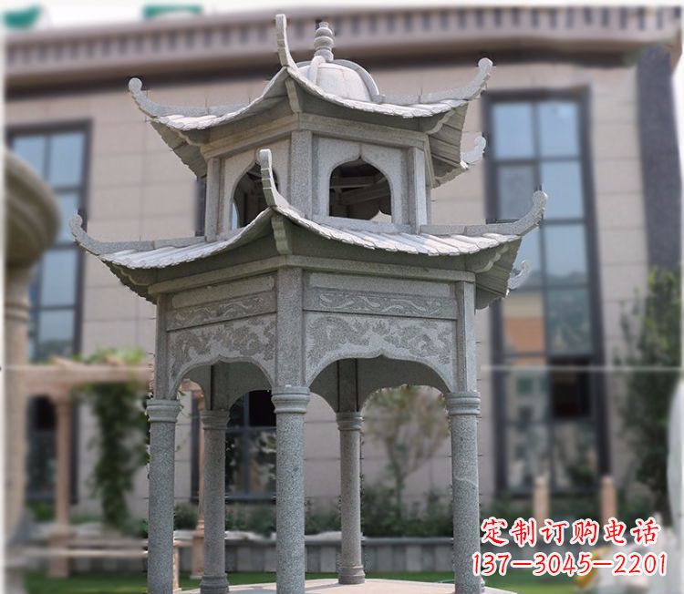 浙江小区大理石六角石雕双层凉亭