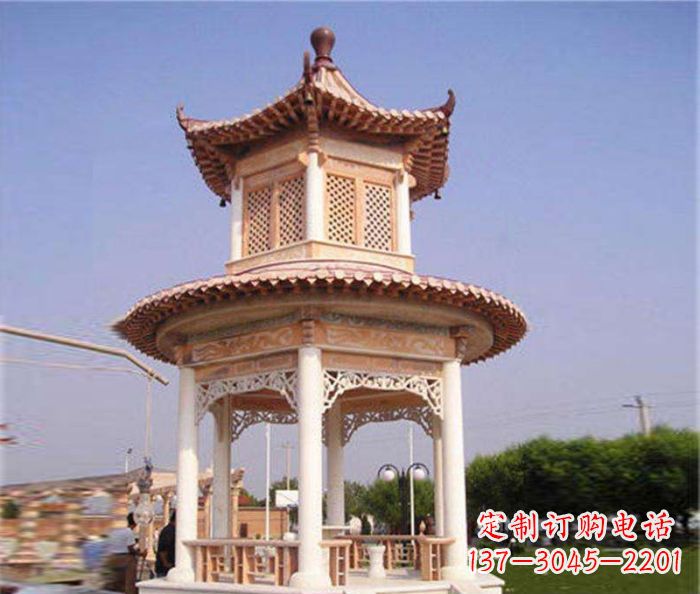 浙江园林景观晚霞红双层石雕凉亭 (4)