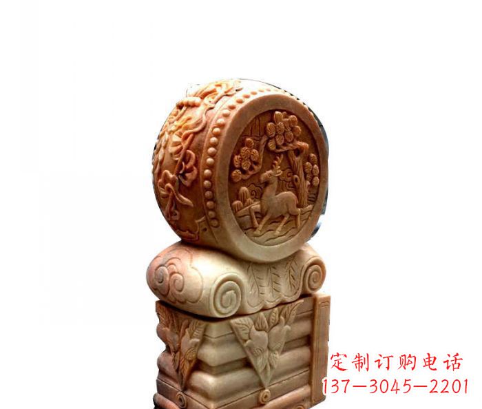浙江招财石门墩晚霞红抱鼓石